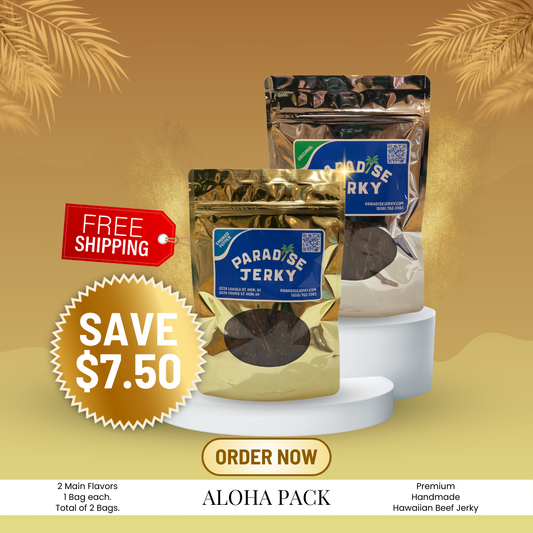 Aloha Pack from Paradise Jerky – a flavorful combo featuring Original and Smoked Pepper jerky, perfect for sampling or sharing.