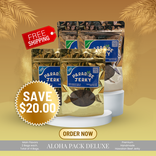 Aloha Pack Deluxe from Paradise Jerky – a premium bundle with two bags each of Original and Smoked Pepper jerky, offering more crispy snack satisfaction.