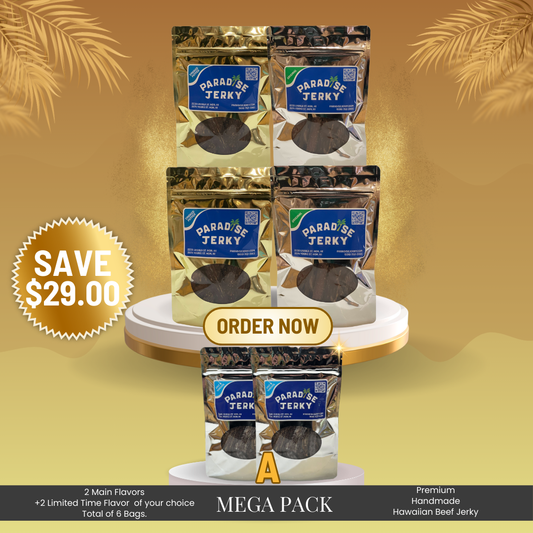 Mega Pack Option A (Salt & Vinegar) from Paradise Jerky – six-bag variety bundle including Original, Smoked Pepper, and your choice of Salt & Vinegar or Lava Lava crispy jerky - CHOICE A (2 Salt & Vinegar)