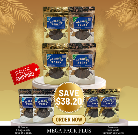 Mega Pack Plus+ from Paradise Jerky – an eight-bag bundle featuring Original, Smoked Pepper, Salt & Vinegar, and Lava Lava jerky for true jerky enthusiasts.